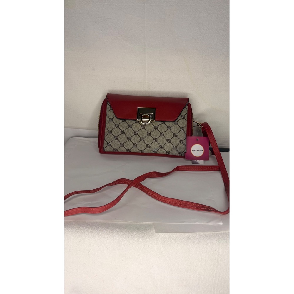 Wunderland Red Vegan Leather Crossbody Bag Monogram Canvas Gold Hardware New